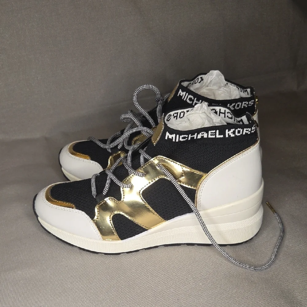 Michael Kors Hilda Knit & Leather Sock Wedge Heel Lace Up Trainers Sneakers - Picture 4 of 13